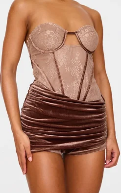 Chocolate Contrast Lace Velvet Wrap Detail Skort Romper