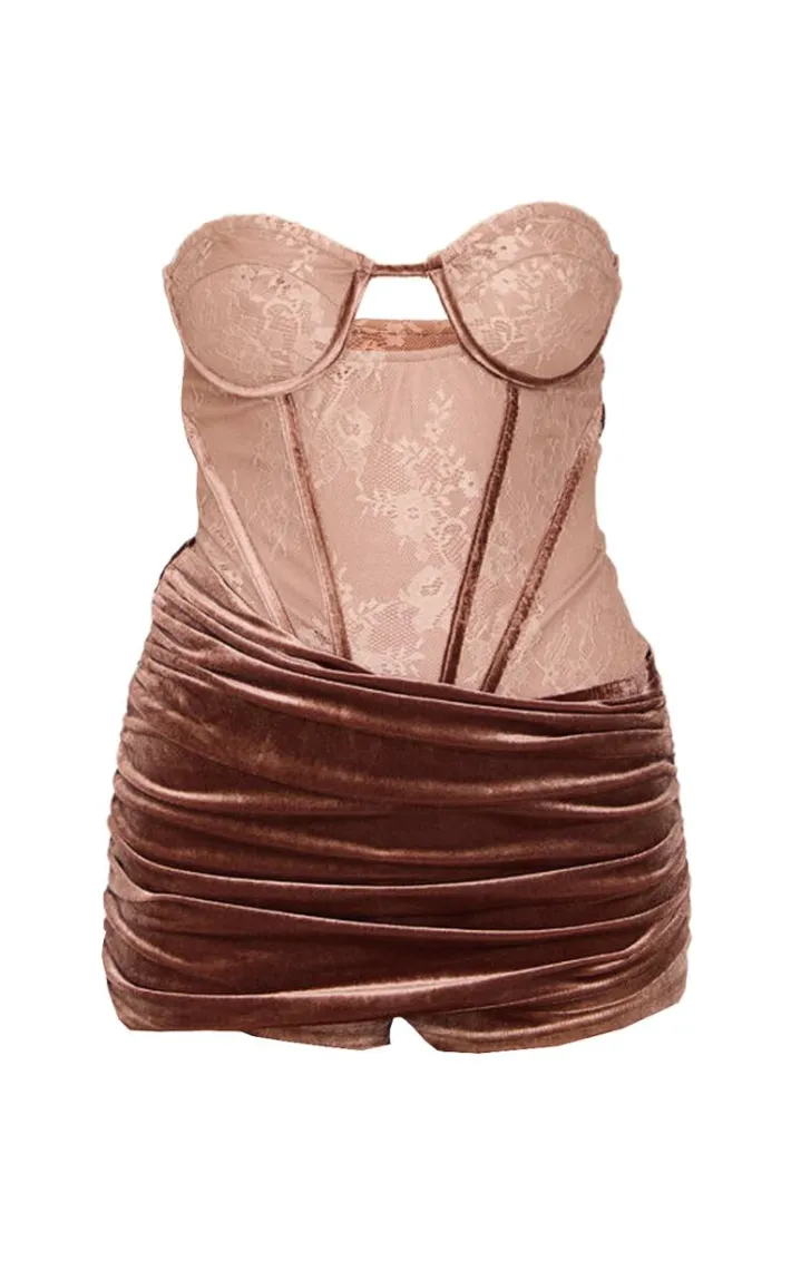 Chocolate Contrast Lace Velvet Wrap Detail Skort Romper