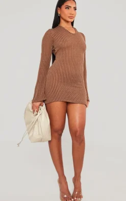 Chocolate Contrast Ribbed Open Back Long Sleeve Mini Dress