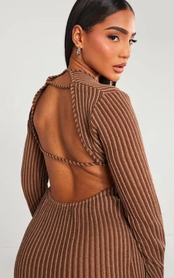 Chocolate Contrast Ribbed Open Back Long Sleeve Mini Dress