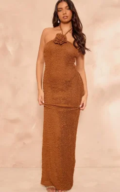 Chocolate Corsage Detail Halterneck Maxi Dress