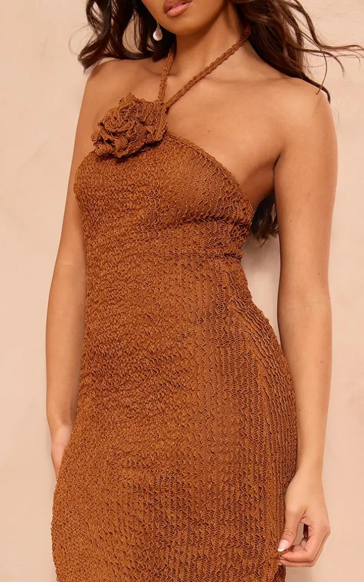 Chocolate Corsage Detail Halterneck Maxi Dress