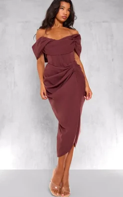 Chocolate Corset Bardot Draped Midi Dress