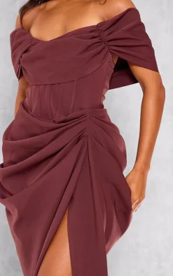 Chocolate Corset Bardot Draped Midi Dress