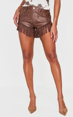 Chocolate Cracked Faux Leather Fringe Hem Hot Pants