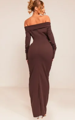 Chocolate Crepe Long Sleeve Bardot Maxi Dress