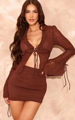 Chocolate Crinkle Chiffon Tie Detail Flare Sleeve Bodycon Dress