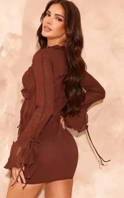 Chocolate Crinkle Chiffon Tie Detail Flare Sleeve Bodycon Dress