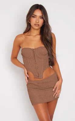 Chocolate Crinkle Textured Hook And Eye Boned Strapless Corset