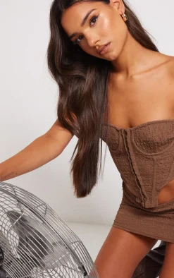 Chocolate Crinkle Textured Hook And Eye Boned Strapless Corset