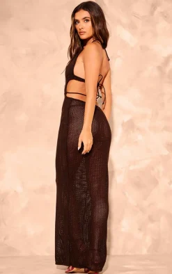 Chocolate Crochet Tie Waist Halterneck Maxi Dress