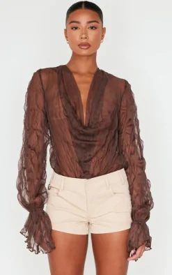 Chocolate Crushed Mesh Sheer Cowl Bodysuit