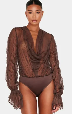Chocolate Crushed Mesh Sheer Cowl Bodysuit