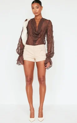 Chocolate Crushed Mesh Sheer Cowl Bodysuit