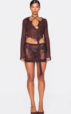 Chocolate Devore Frill Detail Mini Skirt