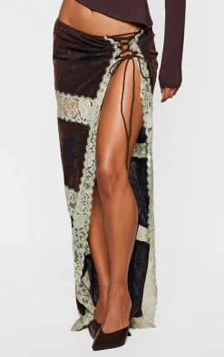 Chocolate Devore Lace Trim Tie Front Detail Maxi Skirt