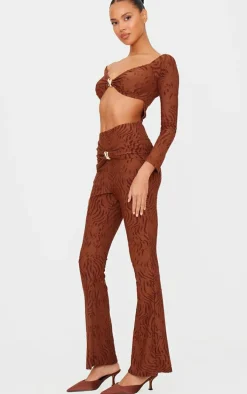 Chocolate Devore Long Sleeve Trim Cut Out Detail Jumpsuit