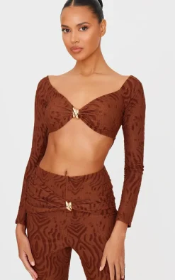 Chocolate Devore Long Sleeve Trim Cut Out Detail Jumpsuit