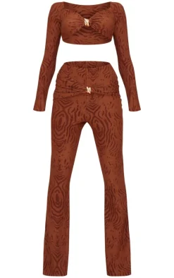 Chocolate Devore Long Sleeve Trim Cut Out Detail Jumpsuit