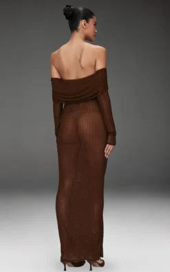 Chocolate Diamante Mesh Bardot Maxi Dress