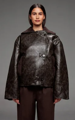 Chocolate Distressed Faux Leather Borg Contrast Aviator Jacket