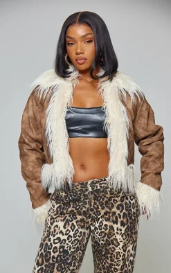 Chocolate Distressed Pu Faux Fur Cuff And Collar Jacket
