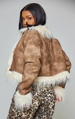 Chocolate Distressed Pu Faux Fur Cuff And Collar Jacket