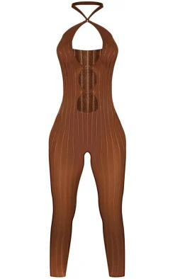 Chocolate Distressed Sheer Knit Ring Cut Out Jumpsuit