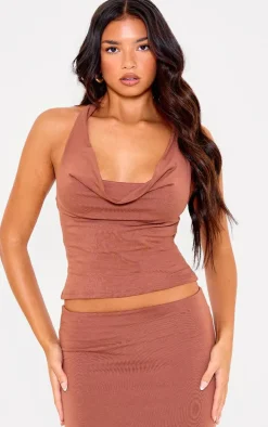 Chocolate Double Contour Jersey Halterneck Crop Top