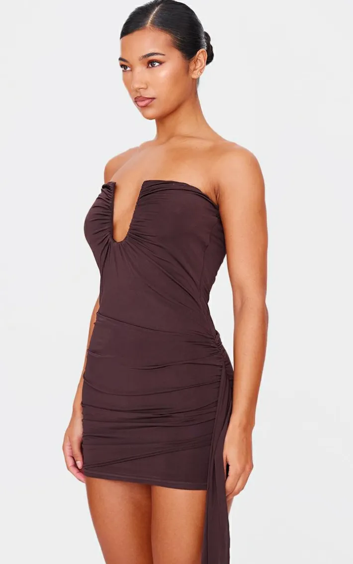 Chocolate Double Layer Bandeau Drape Detail Mini Dress