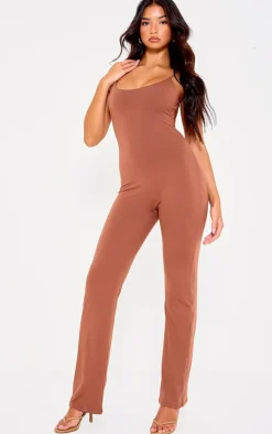 Chocolate Double Layer Contour Jersey Strappy Scoop Back Jumpsuit