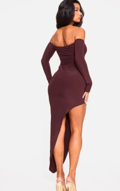 Chocolate Double Layer Long Sleeve Bardot Cut Out Midi Dress