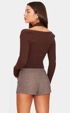 Chocolate Double Layer Rib Knit Long Sleeve Top
