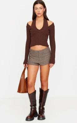 Chocolate Double Layer Rib Knit Long Sleeve Top