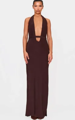 Chocolate Double Layer Skinky Wrap Waist Maxi Dress