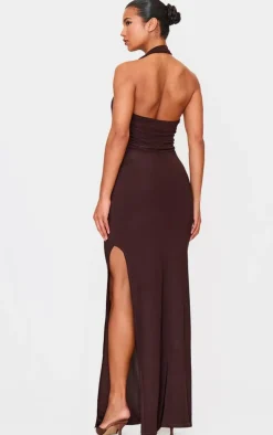 Chocolate Double Layer Skinky Wrap Waist Maxi Dress