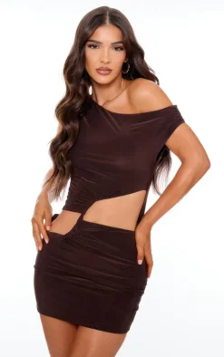 Chocolate Double Layer Slinky Twist Front Mini Dress