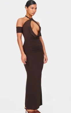 Chocolate Double Layer Slinky Cowl Neck Sleeve Detail Maxi Dress