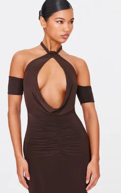 Chocolate Double Layer Slinky Cowl Neck Sleeve Detail Maxi Dress