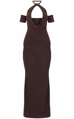 Chocolate Double Layer Slinky Cowl Neck Sleeve Detail Maxi Dress