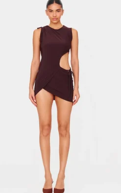 Chocolate Double Layer Slinky Ruched Cut Out Mini Dress