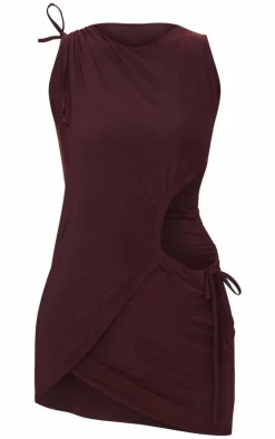 Chocolate Double Layer Slinky Ruched Cut Out Mini Dress