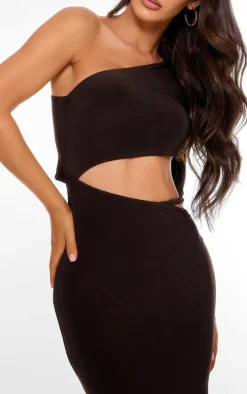 Chocolate Double Layer Soft Touch One Sleeve Cut Out Dress