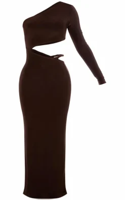 Chocolate Double Layer Soft Touch One Sleeve Cut Out Dress
