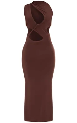 Chocolate Double Layer Twist Front Button Detail Maxi Dress