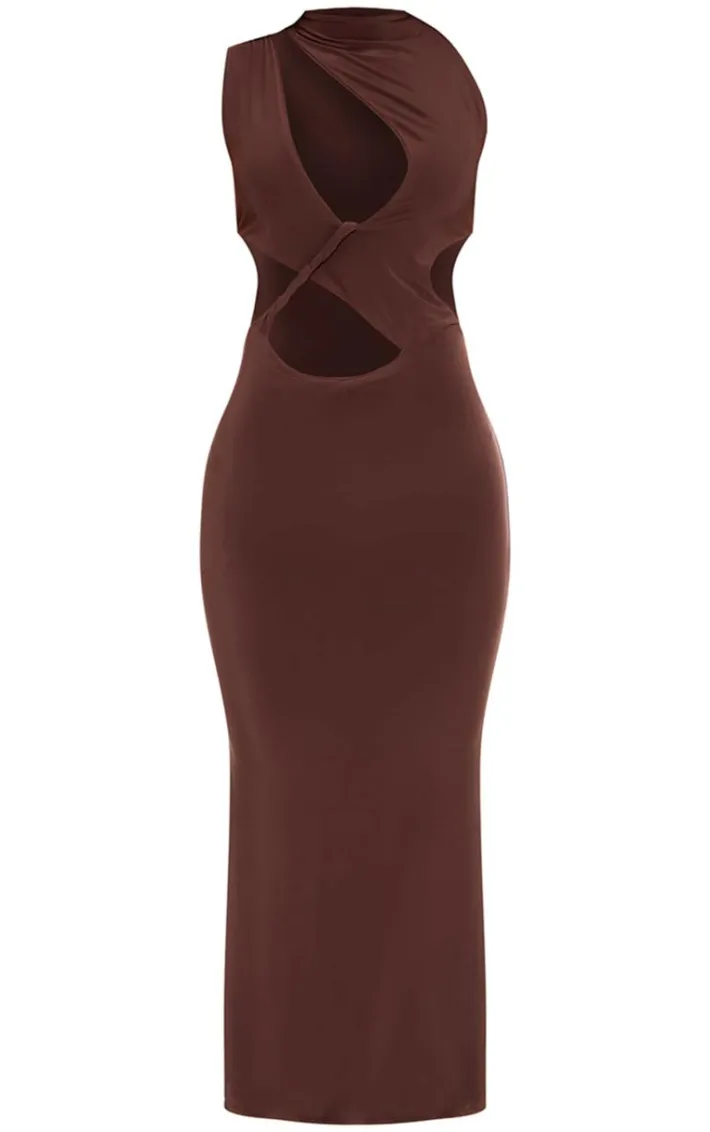 Chocolate Double Layer Twist Front Button Detail Maxi Dress