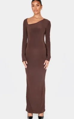 Chocolate Double Slinky Asymmetric Neck Line Long Sleeve Maxi Dress
