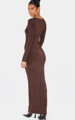 Chocolate Double Slinky Asymmetric Neck Line Long Sleeve Maxi Dress