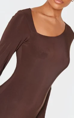 Chocolate Double Slinky Asymmetric Neck Line Long Sleeve Maxi Dress