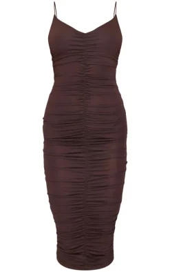 Chocolate Extreme Ruched Spaghetti Midi Dress